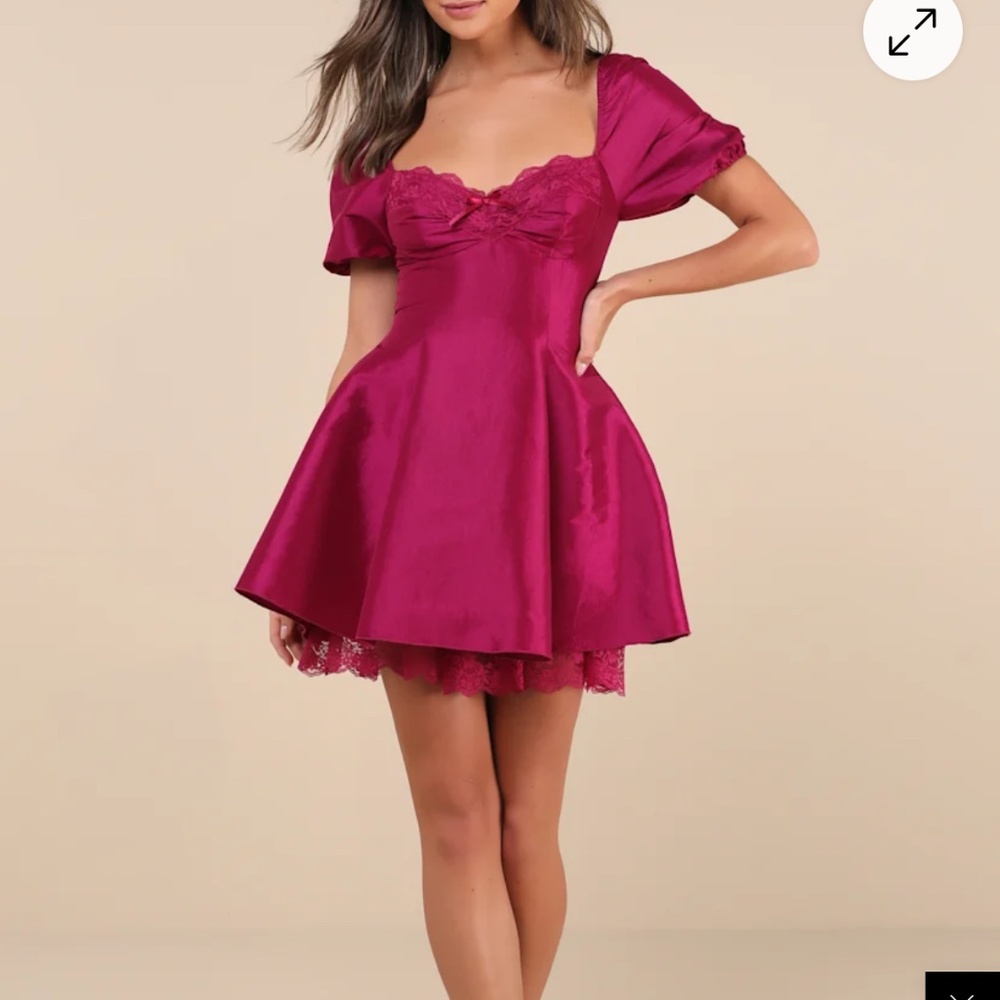 Lulus Enchanting Presence Magenta Taffeta Lace Puff Sleeve Mini Dress